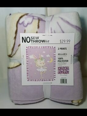 No Sew Throw Kit - Lavender Bunny Print Blanket New